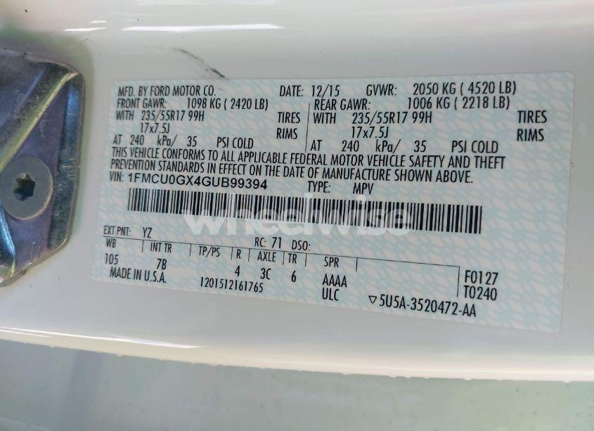 Photo 9 of 2016 Ford Escape SE (VIN 1FMCU0GX4GUB99394)
