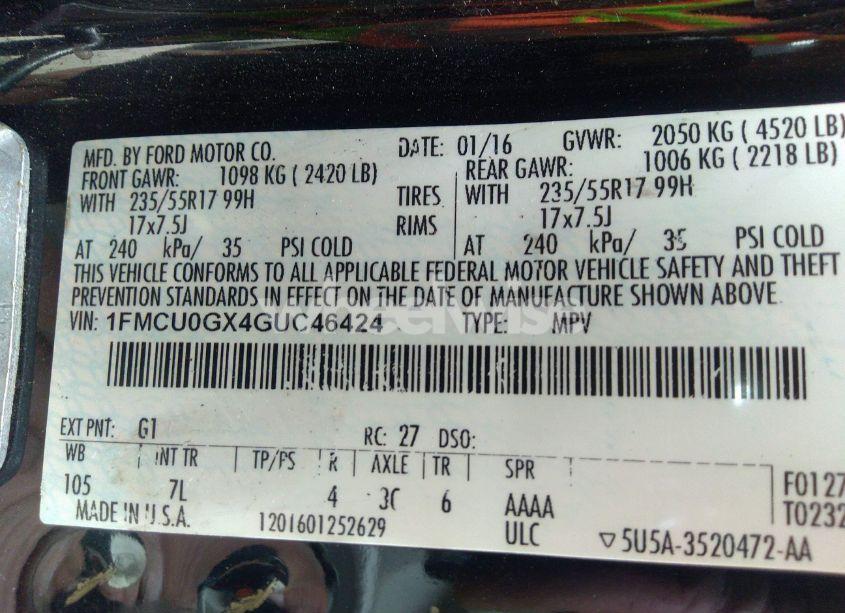 Photo 9 of 2016 Ford Escape SE (VIN 1FMCU0GX4GUC46424)