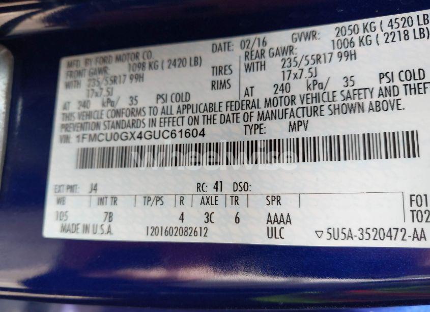 Photo 9 of 2016 Ford Escape SE (VIN 1FMCU0GX4GUC61604)