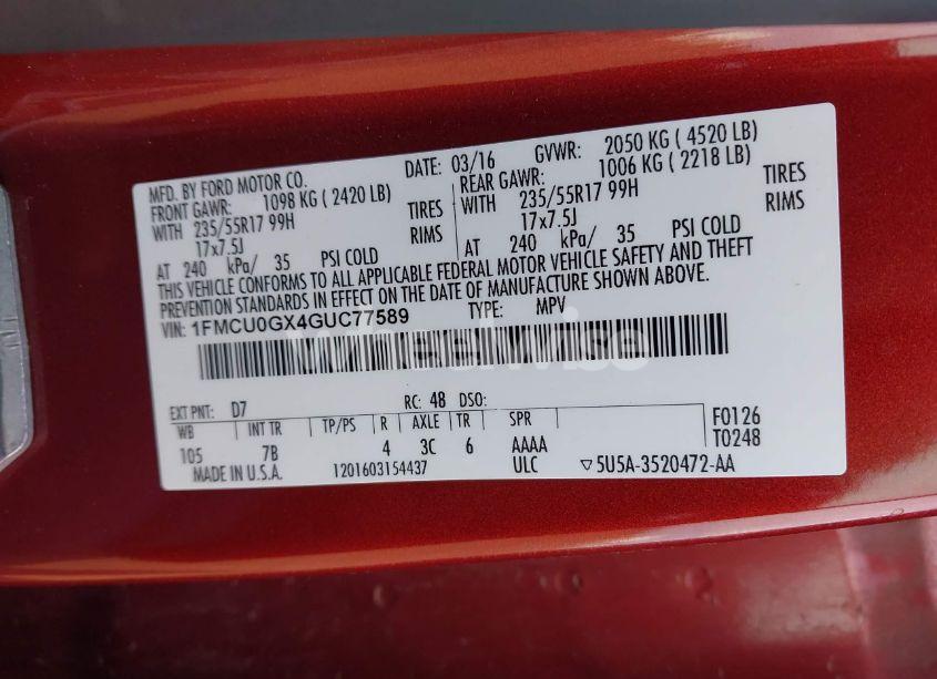 Photo 9 of 2016 Ford Escape SE (VIN 1FMCU0GX4GUC77589)