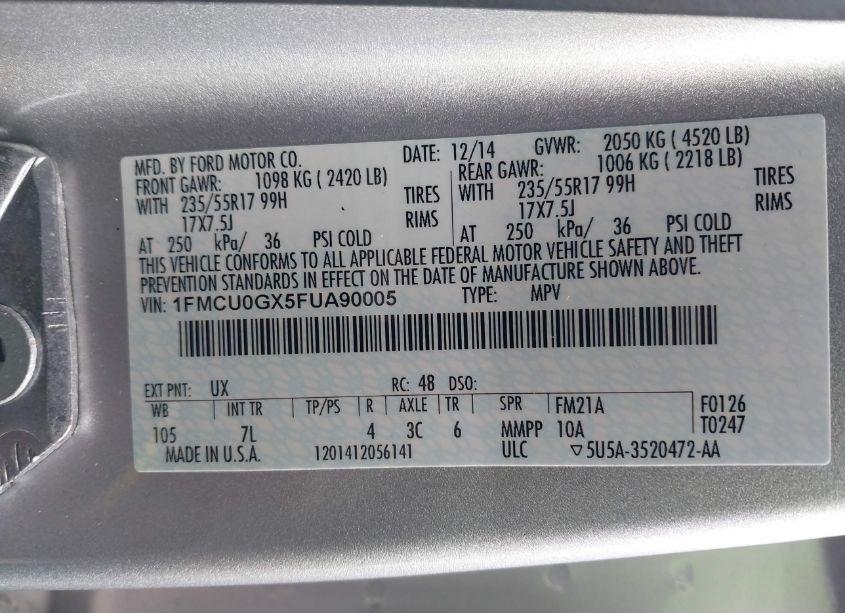 Photo 9 of 2015 Ford Escape SE (VIN 1FMCU0GX5FUA90005)