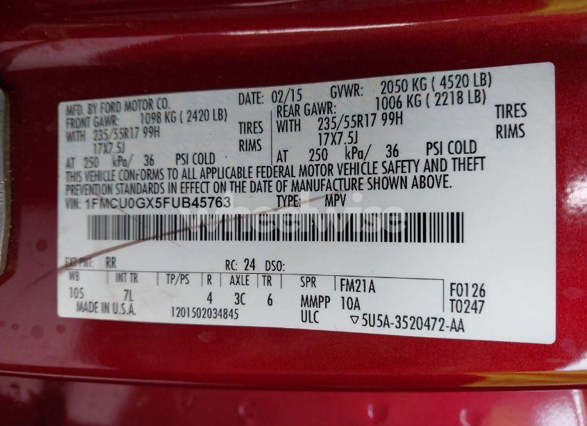 Photo 9 of 2015 Ford Escape SE (VIN 1FMCU0GX5FUB45763)