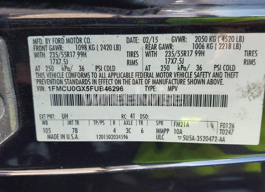 Photo 9 of 2015 Ford Escape SE (VIN 1FMCU0GX5FUB46296)