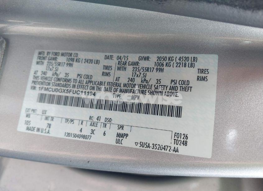 Photo 9 of 2015 Ford Escape SE (VIN 1FMCU0GX5FUC11194)