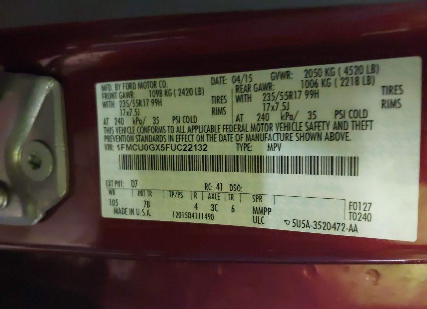 Photo 9 of 2015 Ford Escape SE (VIN 1FMCU0GX5FUC22132)