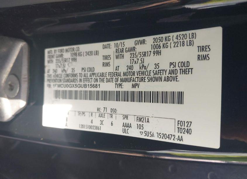 Photo 9 of 2016 Ford Escape SE (VIN 1FMCU0GX5GUB15681)