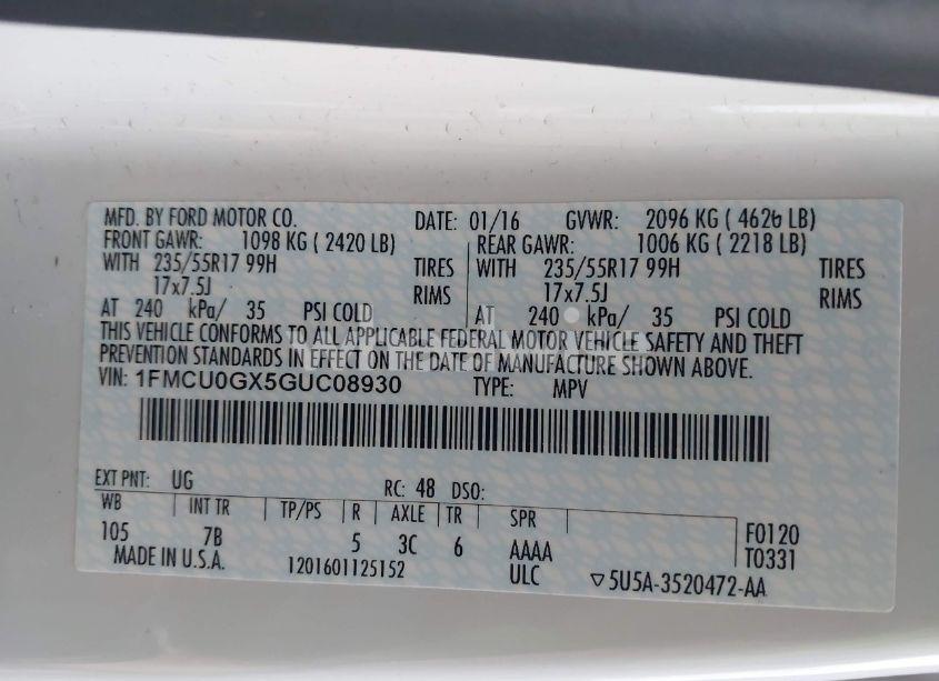 Photo 9 of 2016 Ford Escape SE (VIN 1FMCU0GX5GUC08930)