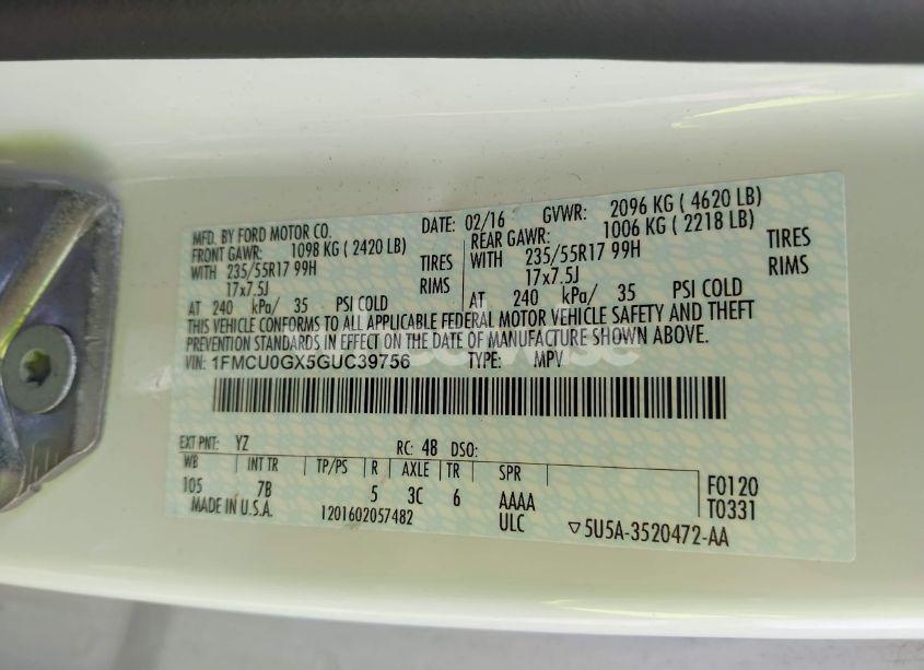 Photo 9 of 2016 Ford Escape SE (VIN 1FMCU0GX5GUC39756)