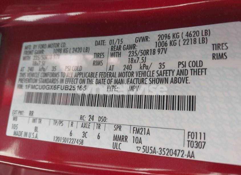 Photo 9 of 2015 Ford Escape SE (VIN 1FMCU0GX6FUB25165)