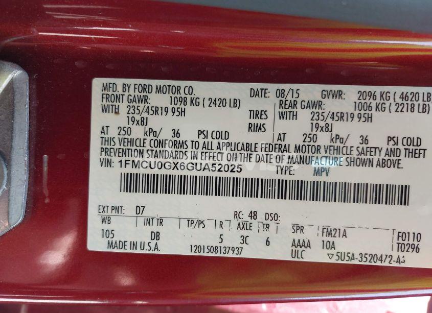 Photo 9 of 2016 Ford Escape SE (VIN 1FMCU0GX6GUA52025)