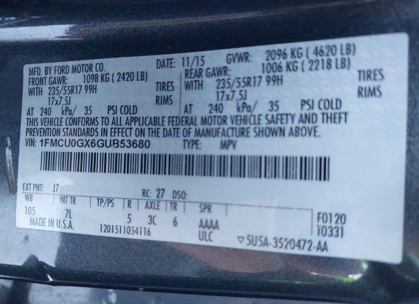 Photo 9 of 2016 Ford Escape SE (VIN 1FMCU0GX6GUB53680)