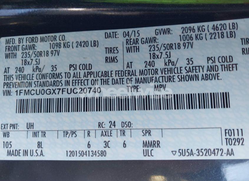 Photo 9 of 2015 Ford Escape SE (VIN 1FMCU0GX7FUC20740)