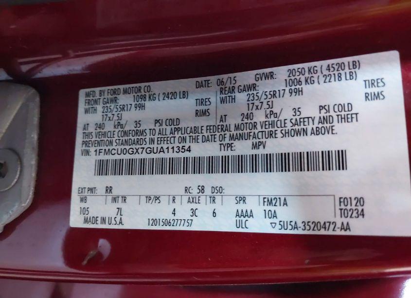 Photo 9 of 2016 Ford Escape SE (VIN 1FMCU0GX7GUA11354)