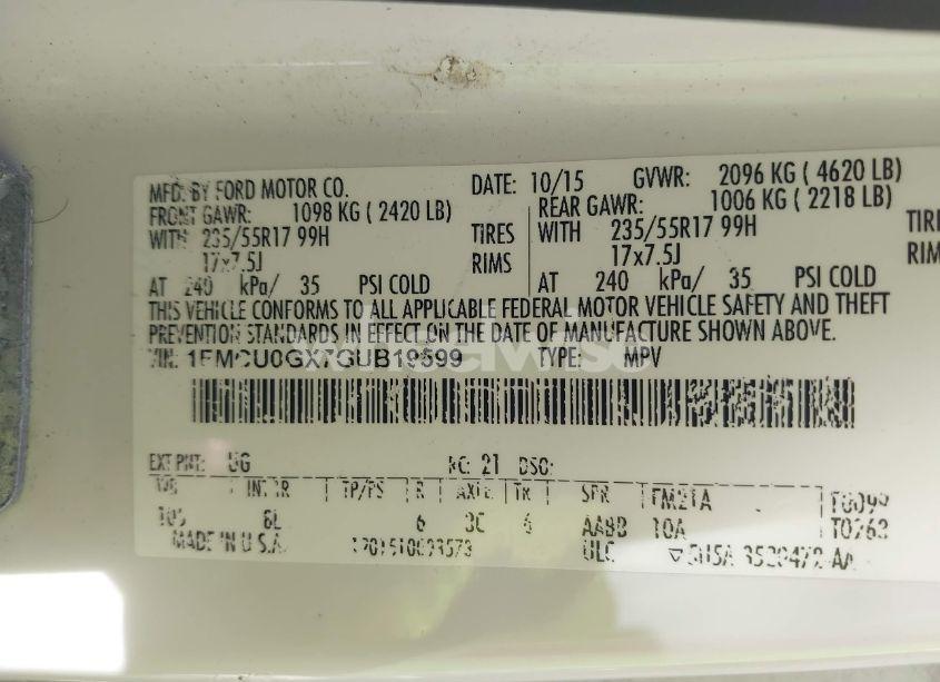 Photo 9 of 2016 Ford Escape SE (VIN 1FMCU0GX7GUB19599)