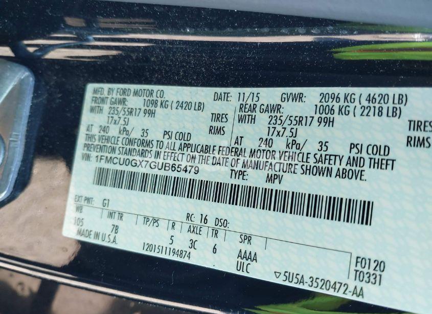 Photo 9 of 2016 Ford Escape SE (VIN 1FMCU0GX7GUB65479)