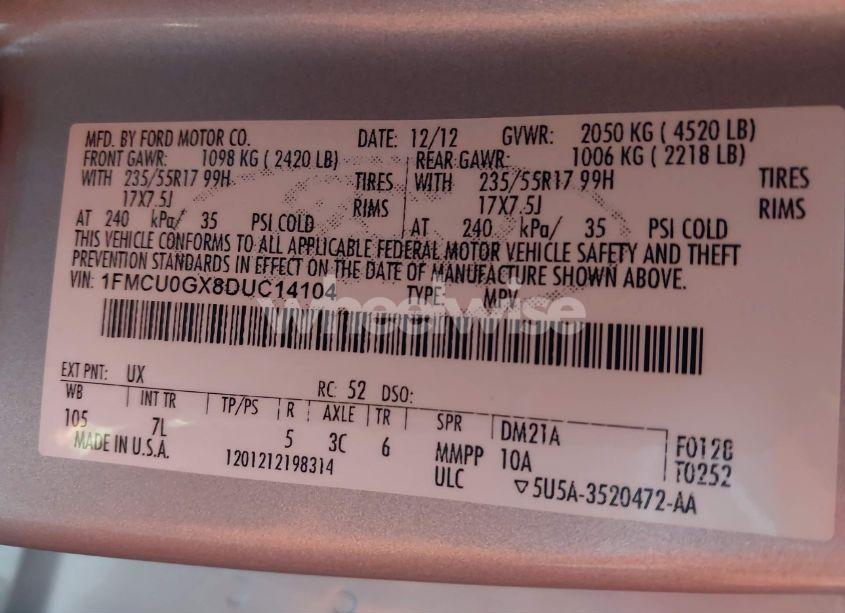 Photo 9 of 2013 Ford Escape SE (VIN 1FMCU0GX8DUC14104)