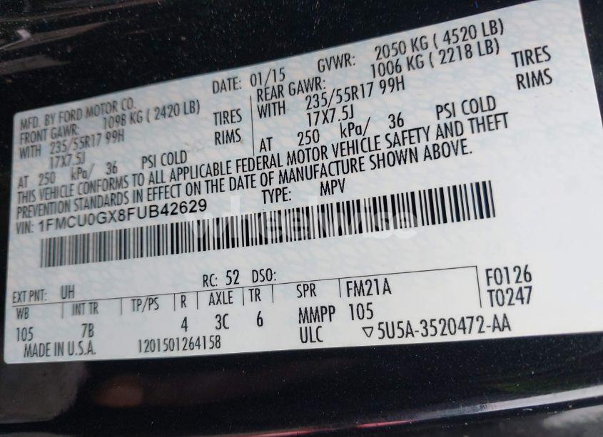 Photo 9 of 2015 Ford Escape SE (VIN 1FMCU0GX8FUB42629)