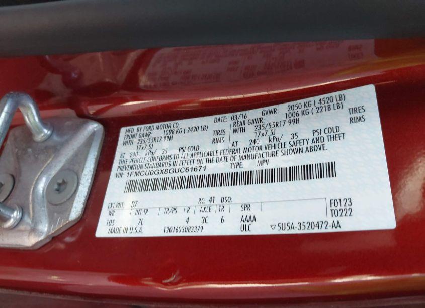 Photo 9 of 2016 Ford Escape SE (VIN 1FMCU0GX8GUC61671)