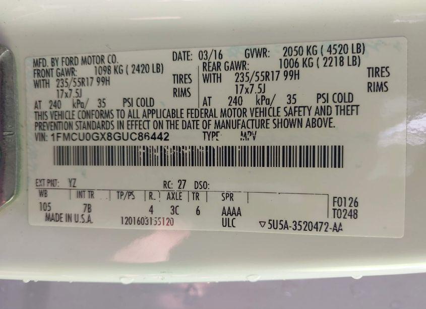 Photo 9 of 2016 Ford Escape SE (VIN 1FMCU0GX8GUC86442)