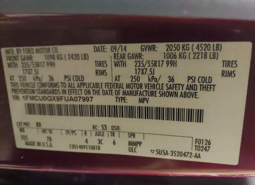 Photo 9 of 2015 Ford Escape SE (VIN 1FMCU0GX9FUA07997)