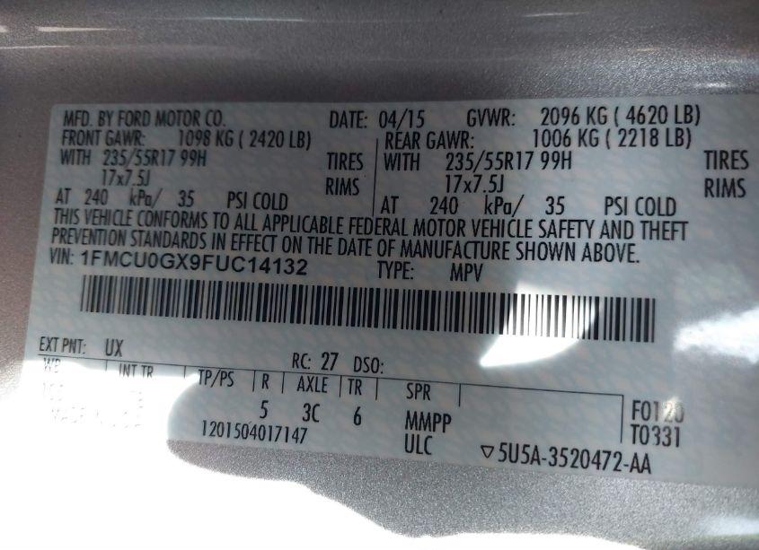Photo 9 of 2015 Ford Escape SE (VIN 1FMCU0GX9FUC14132)