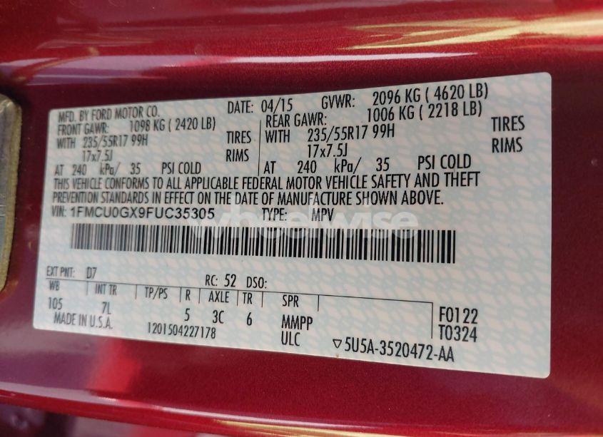 Photo 9 of 2015 Ford Escape SE (VIN 1FMCU0GX9FUC35305)