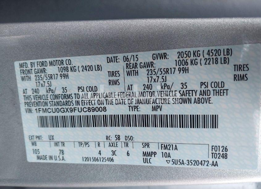 Photo 9 of 2015 Ford Escape SE (VIN 1FMCU0GX9FUC89008)