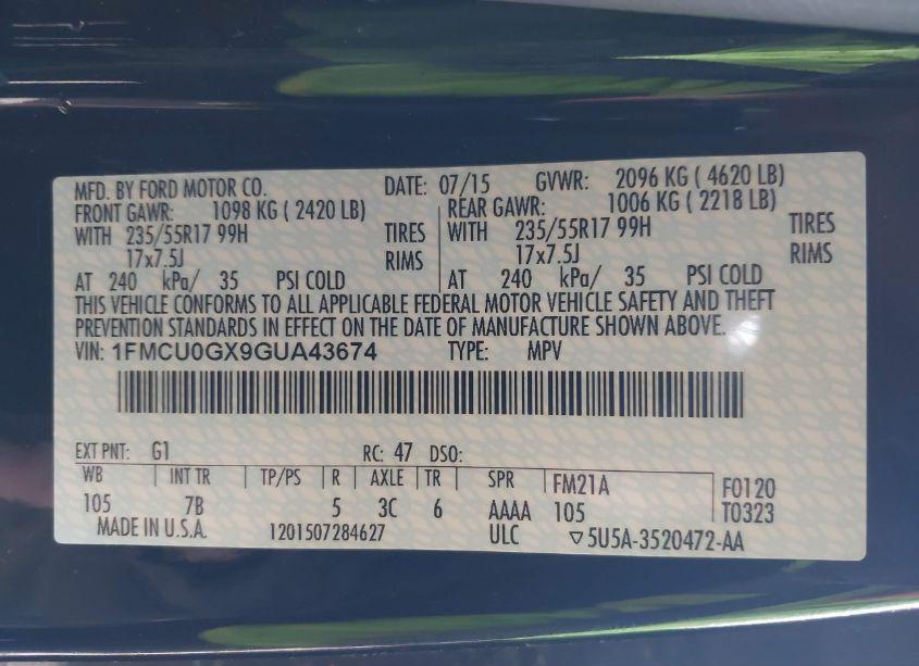 Photo 9 of 2016 Ford Escape SE (VIN 1FMCU0GX9GUA43674)