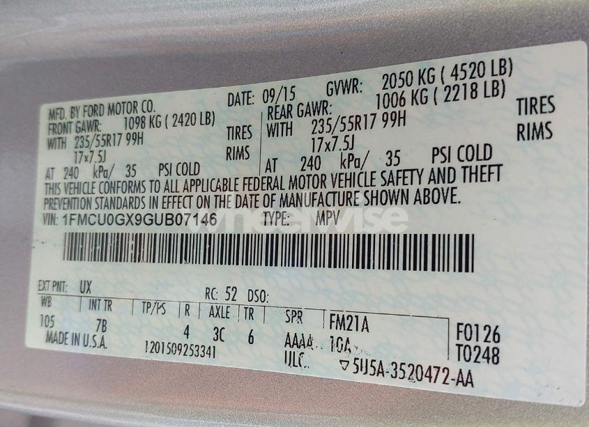 Photo 9 of 2016 Ford Escape SE (VIN 1FMCU0GX9GUB07146)