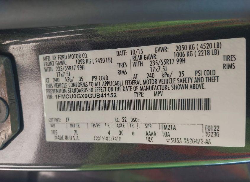 Photo 9 of 2016 Ford Escape SE (VIN 1FMCU0GX9GUB41152)