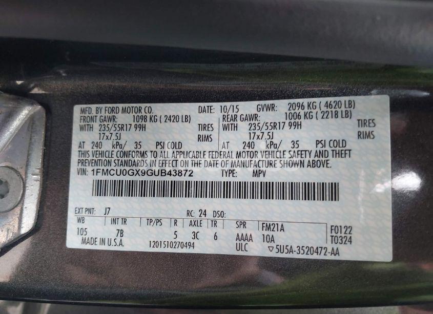 Photo 9 of 2016 Ford Escape SE (VIN 1FMCU0GX9GUB43872)