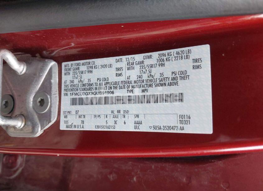 Photo 9 of 2016 Ford Escape SE (VIN 1FMCU0GX9GUB91906)