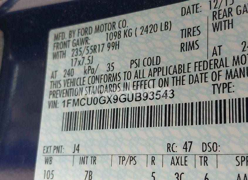 Photo 9 of 2016 Ford Escape SE (VIN 1FMCU0GX9GUB93543)