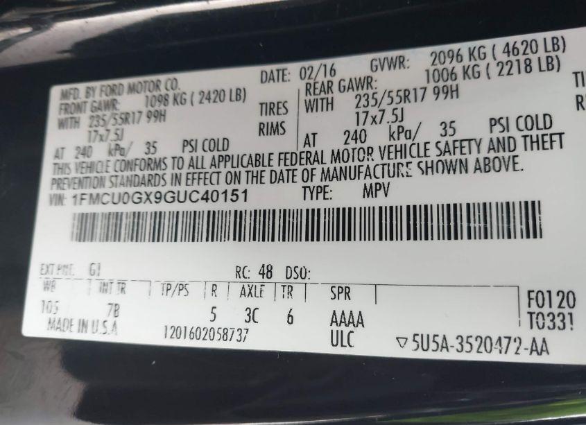 Photo 9 of 2016 Ford Escape SE (VIN 1FMCU0GX9GUC40151)