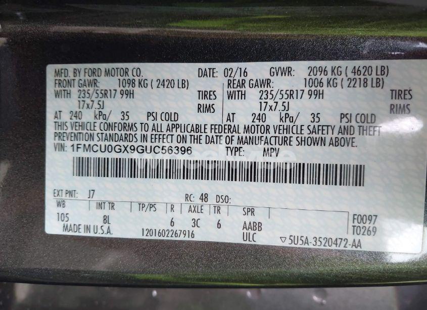 Photo 9 of 2016 Ford Escape SE (VIN 1FMCU0GX9GUC56396)