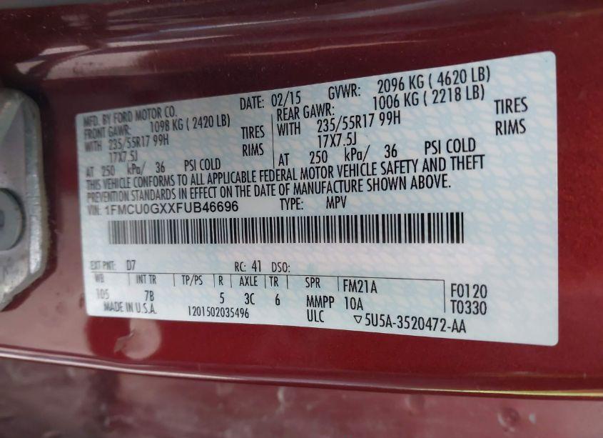 Photo 9 of 2015 Ford Escape SE (VIN 1FMCU0GXXFUB46696)