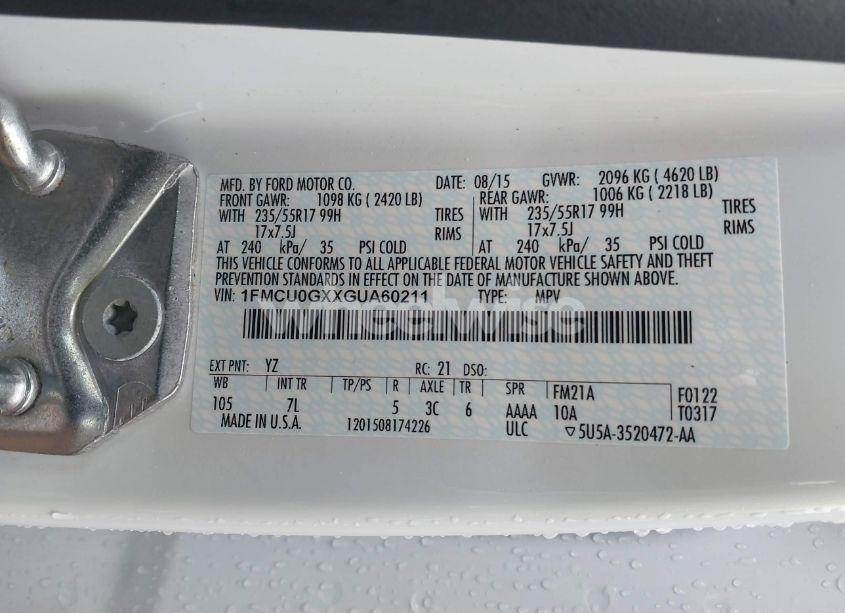 Photo 9 of 2016 Ford Escape SE (VIN 1FMCU0GXXGUA60211)