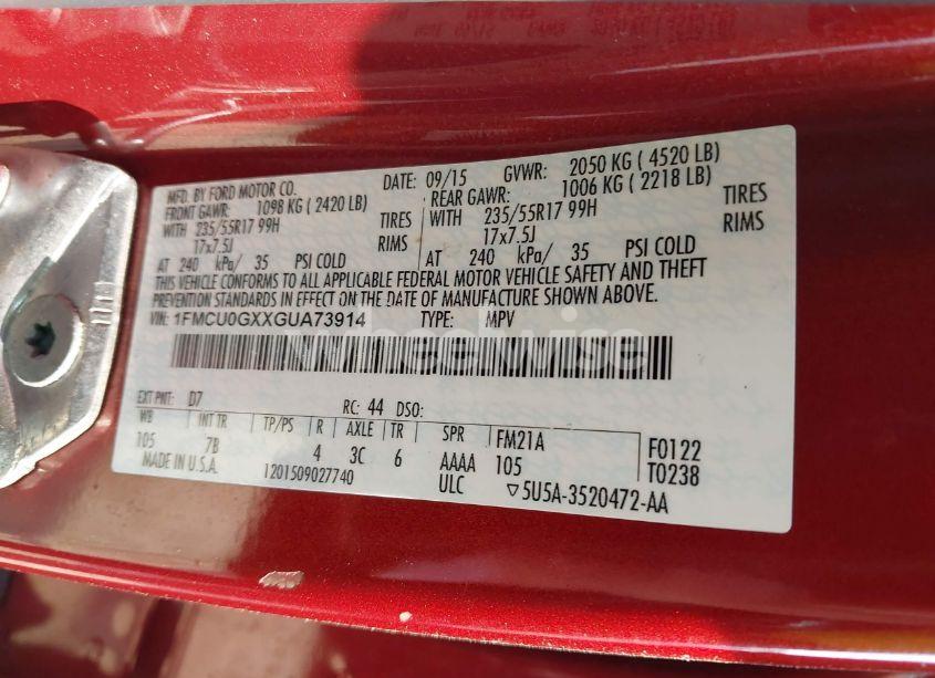 Photo 9 of 2016 Ford Escape SE (VIN 1FMCU0GXXGUA73914)