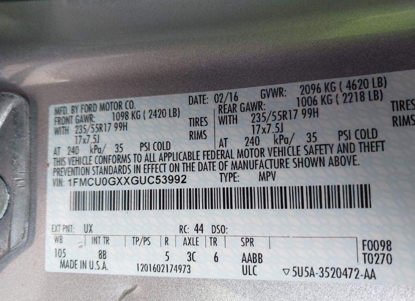 Photo 9 of 2016 Ford Escape SE (VIN 1FMCU0GXXGUC53992)