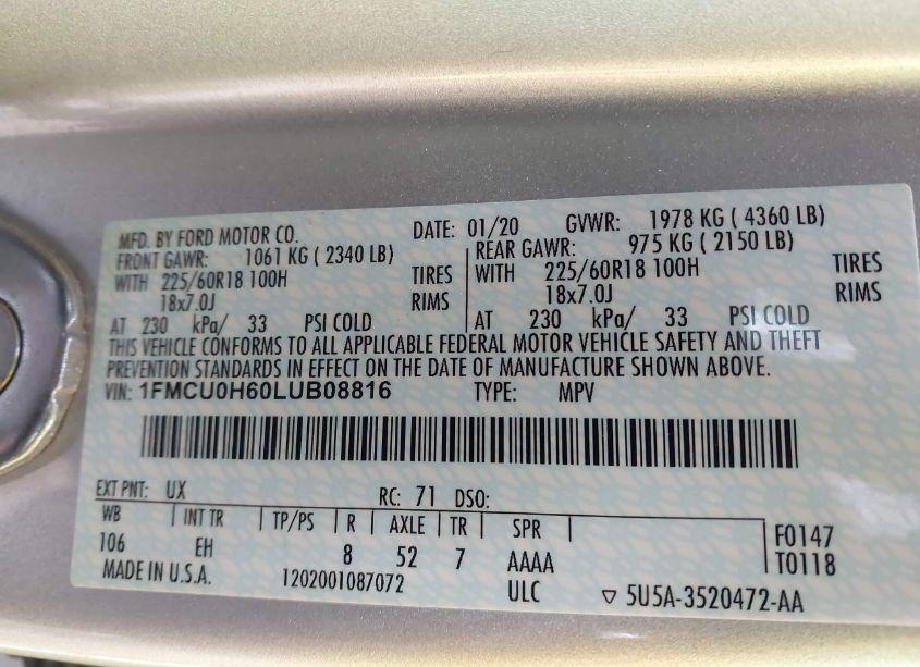 Photo 9 of 2020 Ford Escape SEL (VIN 1FMCU0H60LUB08816)