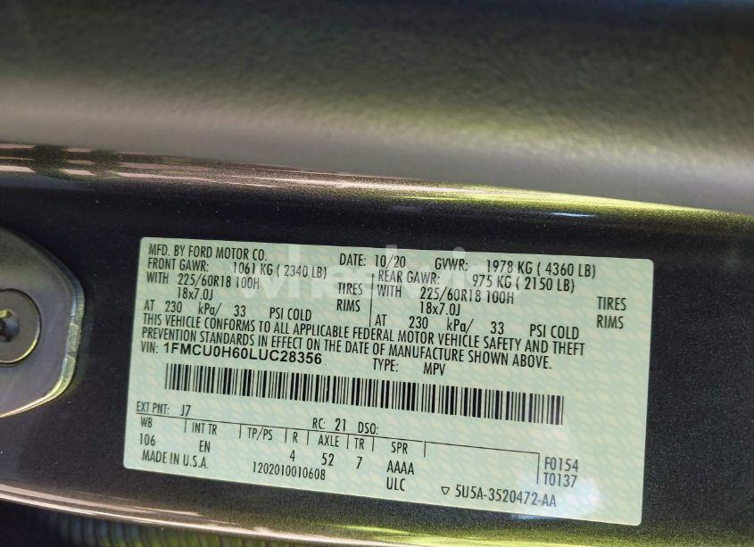 Photo 9 of 2020 Ford Escape SEL (VIN 1FMCU0H60LUC28356)