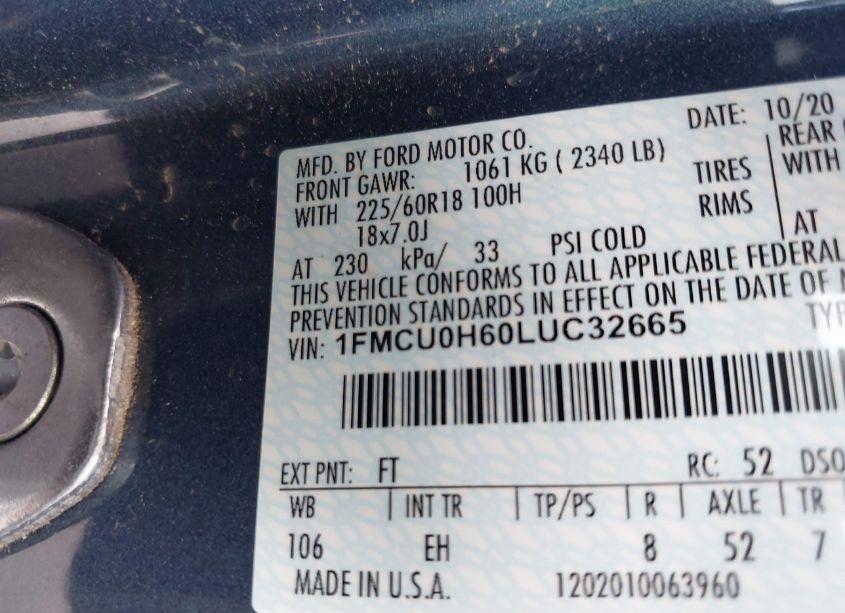 Photo 9 of 2020 Ford Escape SEL (VIN 1FMCU0H60LUC32665)