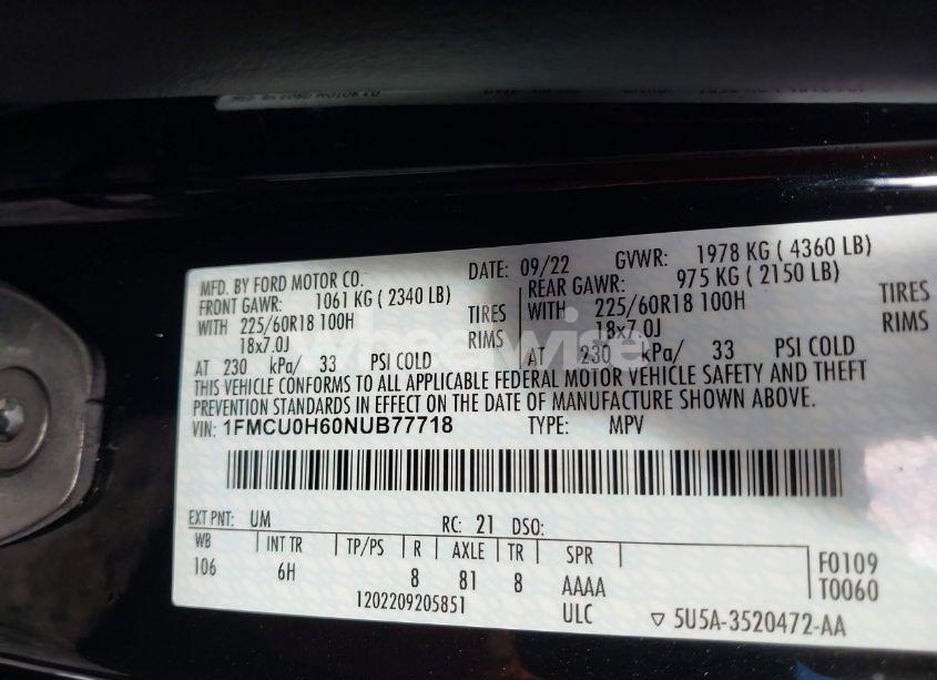 Photo 9 of 2022 Ford Escape SEL (VIN 1FMCU0H60NUB77718)