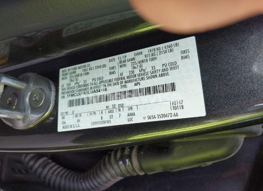 Photo 9 of 2020 Ford Escape SEL (VIN 1FMCU0H61LUA54166)