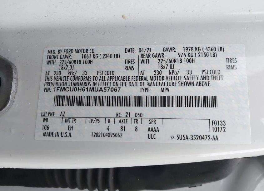 Photo 9 of 2021 Ford Escape SEL (VIN 1FMCU0H61MUA57067)