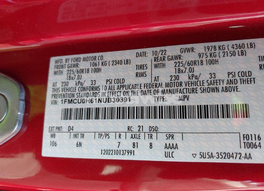 Photo 9 of 2022 Ford Escape SEL (VIN 1FMCU0H61NUB30391)