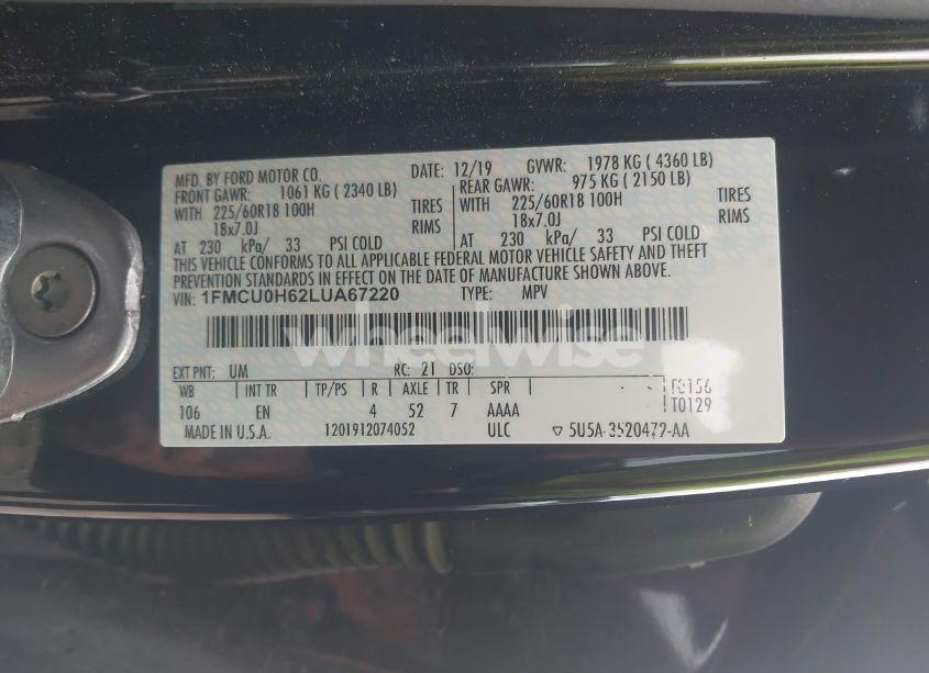 Photo 9 of 2020 Ford Escape SEL (VIN 1FMCU0H62LUA67220)