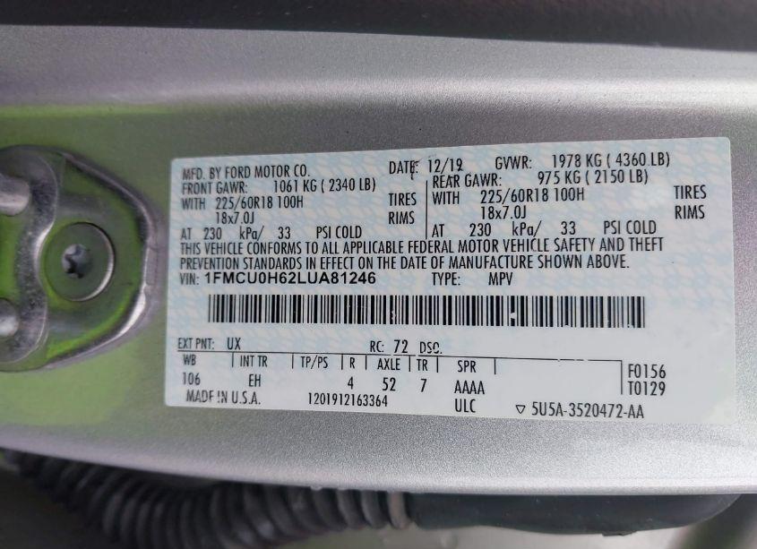 Photo 9 of 2020 Ford Escape SEL (VIN 1FMCU0H62LUA81246)