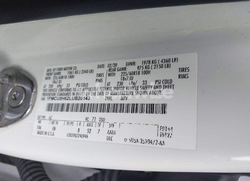 Photo 9 of 2020 Ford Escape SEL (VIN 1FMCU0H62LUB20143)