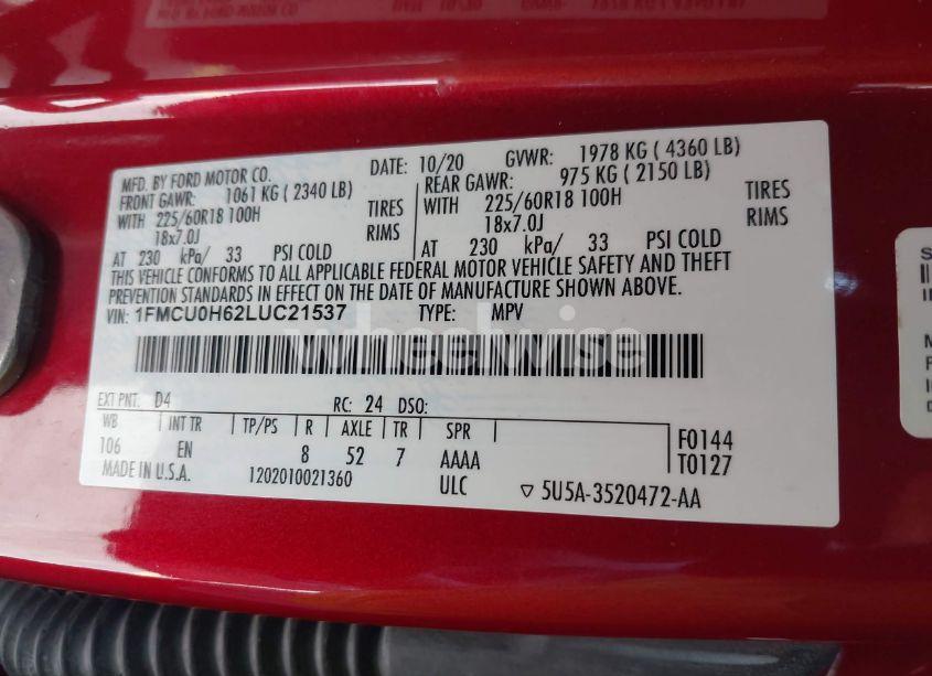 Photo 9 of 2020 Ford Escape SEL (VIN 1FMCU0H62LUC21537)